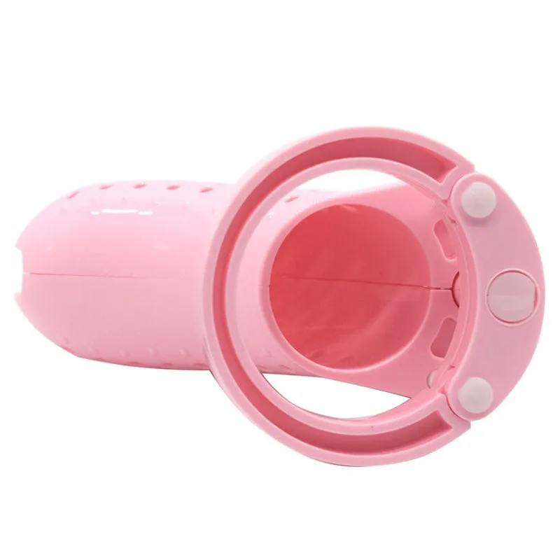 1637AR      Little Sissy Stockade Pink Cage Male Chastity Device