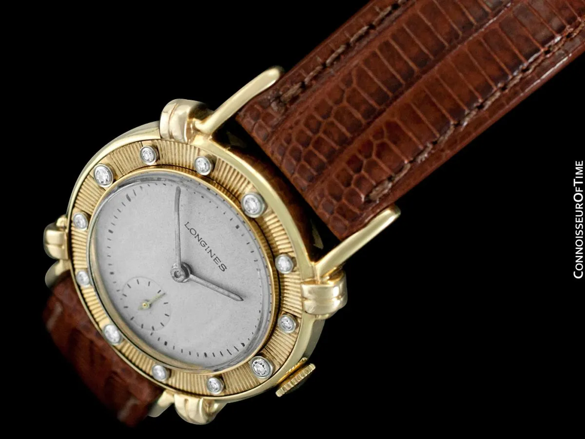 1948 Longines Vintage Mens Midsize Watch with Knot Lugs - 14K Gold & Diamonds