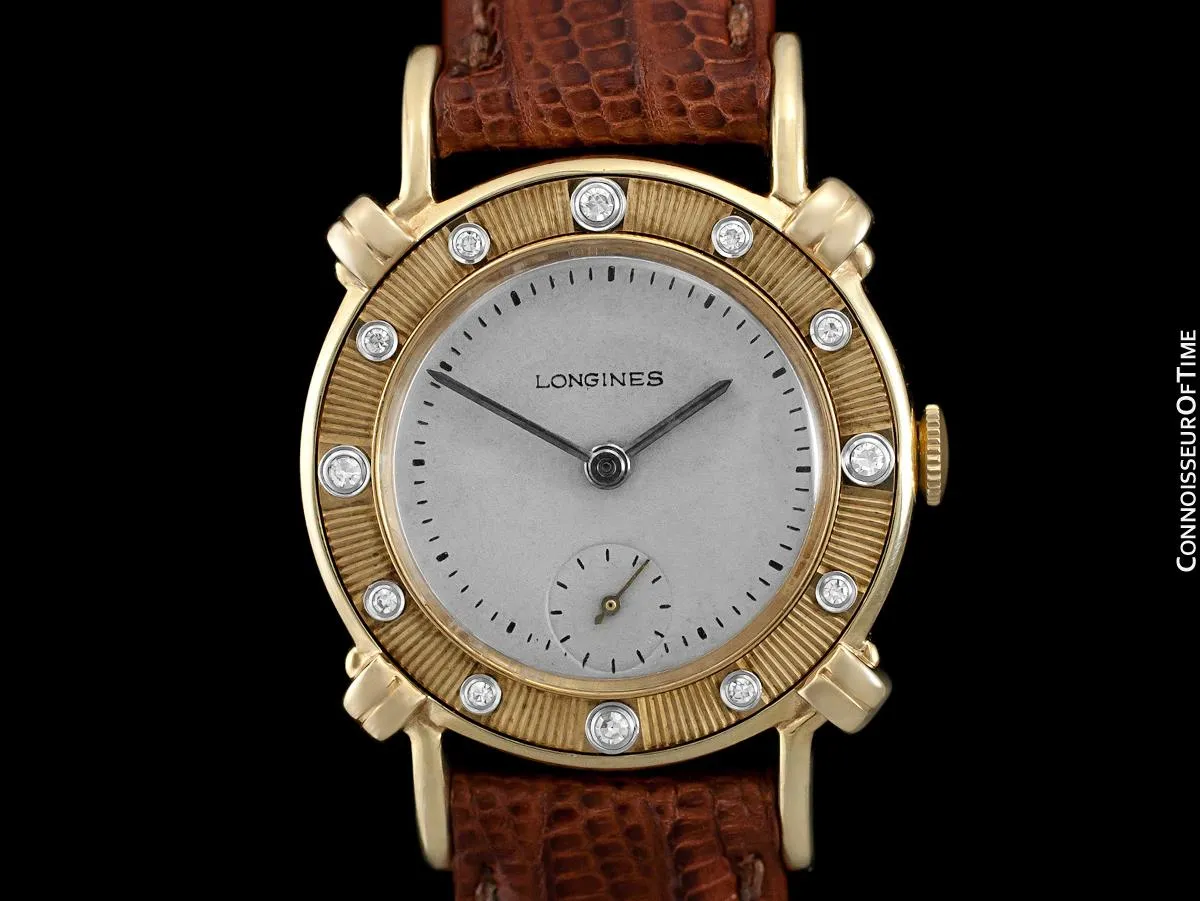 1948 Longines Vintage Mens Midsize Watch with Knot Lugs - 14K Gold & Diamonds