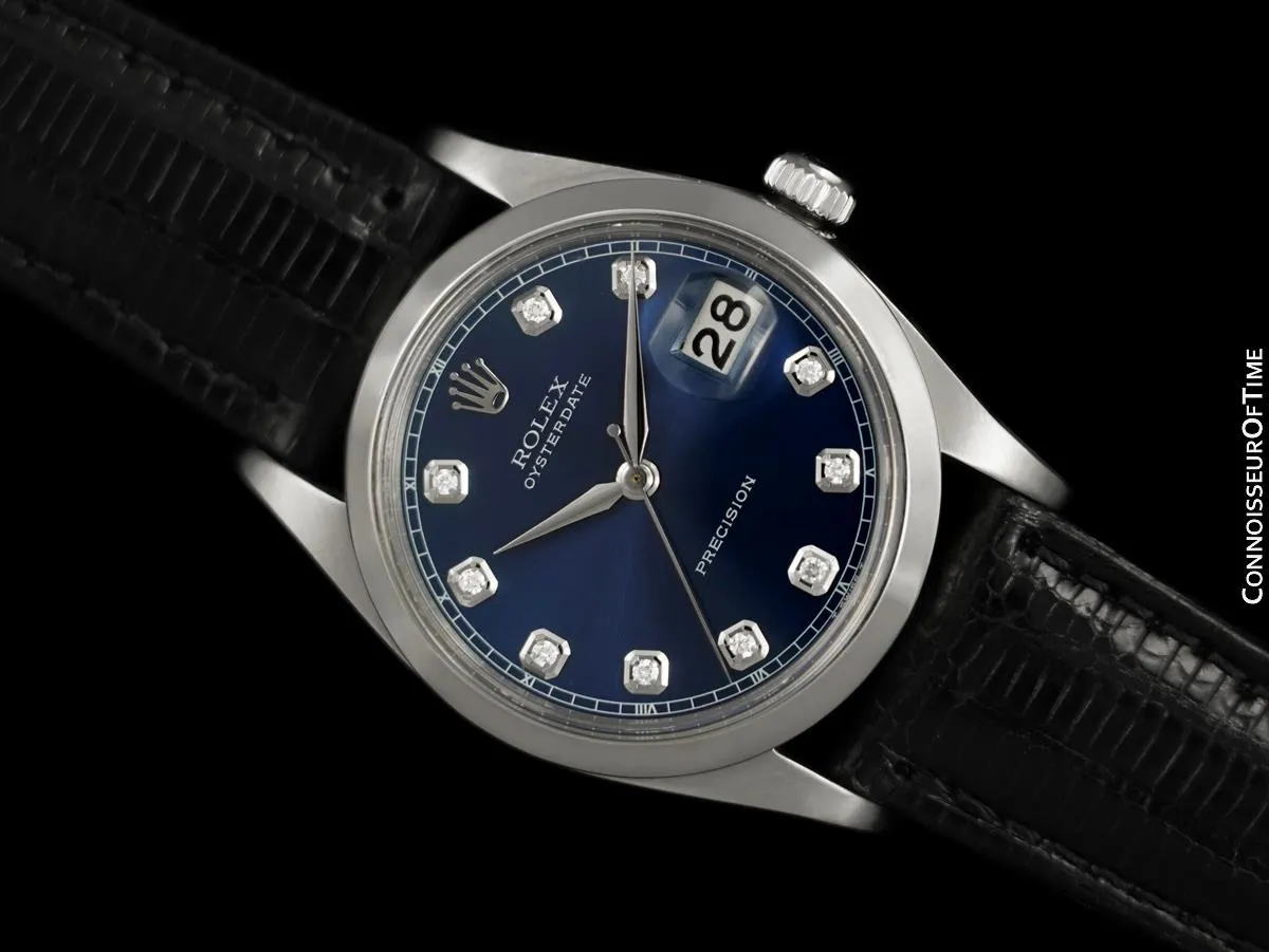 1960 Rolex Oysterdate Mens Vintage Ref. 6694 Date Watch with Blue Dial - Stainless Steel & Diamonds