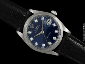1960 Rolex Oysterdate Mens Vintage Ref. 6694 Date Watch with Blue Dial - Stainless Steel & Diamonds