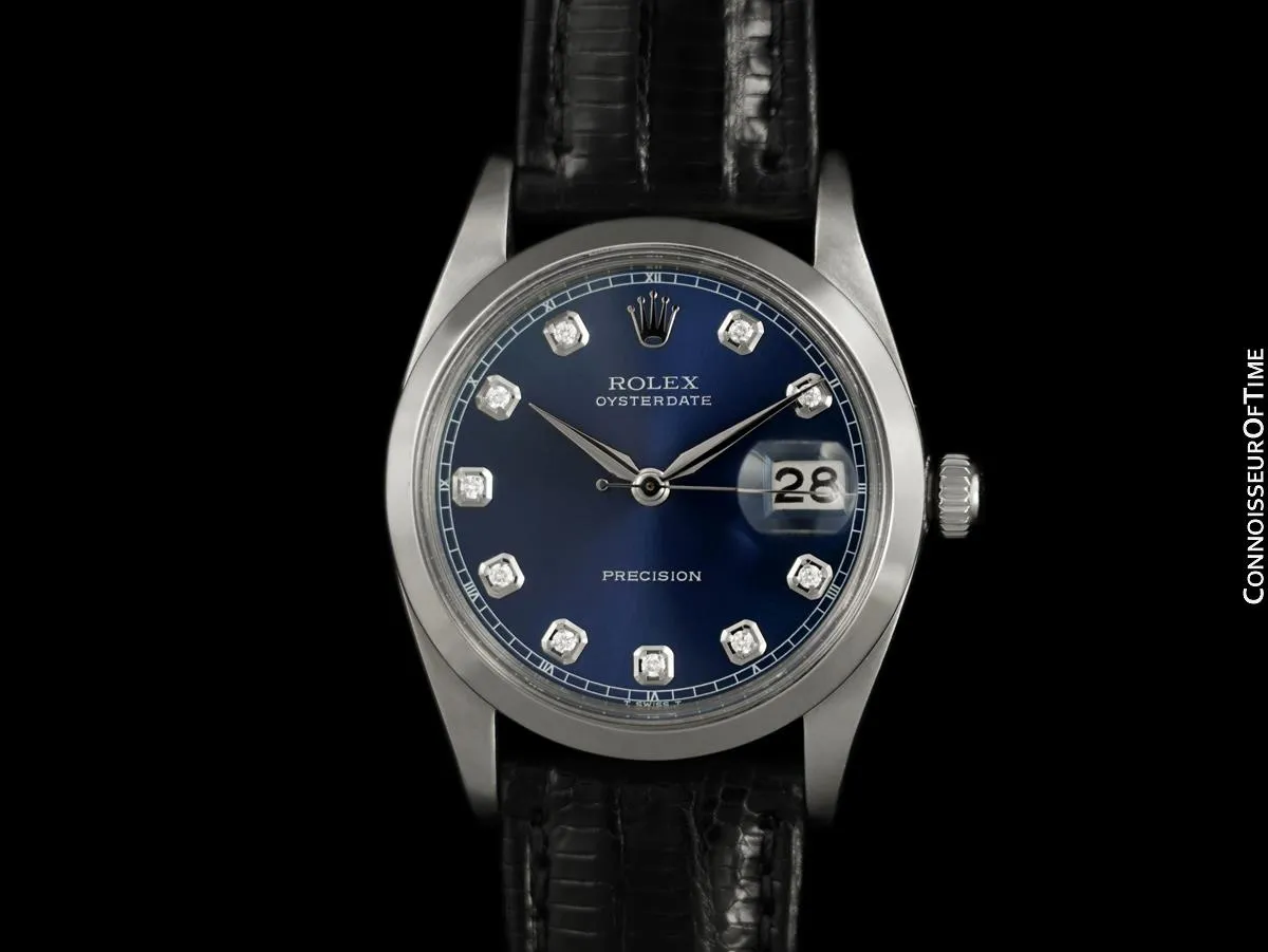 1960 Rolex Oysterdate Mens Vintage Ref. 6694 Date Watch with Blue Dial - Stainless Steel & Diamonds