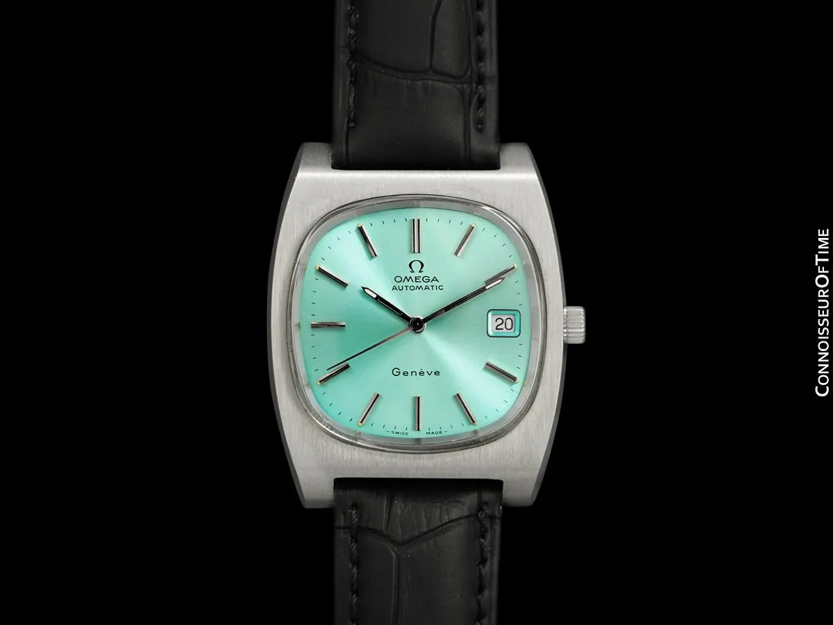 1974 Omega Geneve Vintage Mens TV Shaped Watch with Tiffany Blue Dial - Stainless Steel