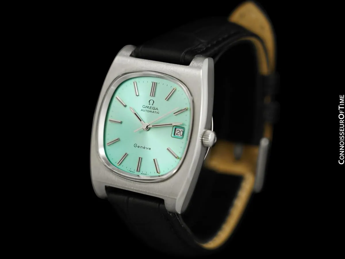 1974 Omega Geneve Vintage Mens TV Shaped Watch with Tiffany Blue Dial - Stainless Steel