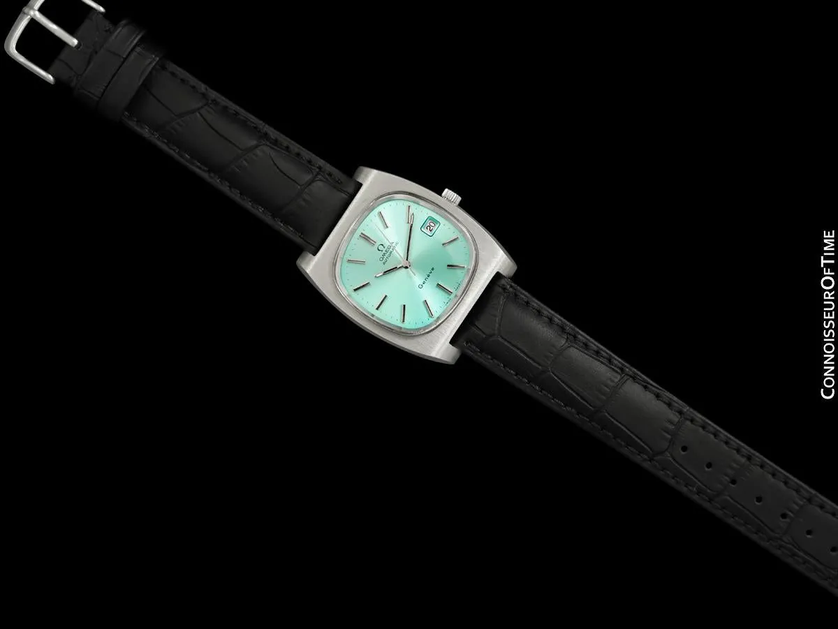 1974 Omega Geneve Vintage Mens TV Shaped Watch with Tiffany Blue Dial - Stainless Steel
