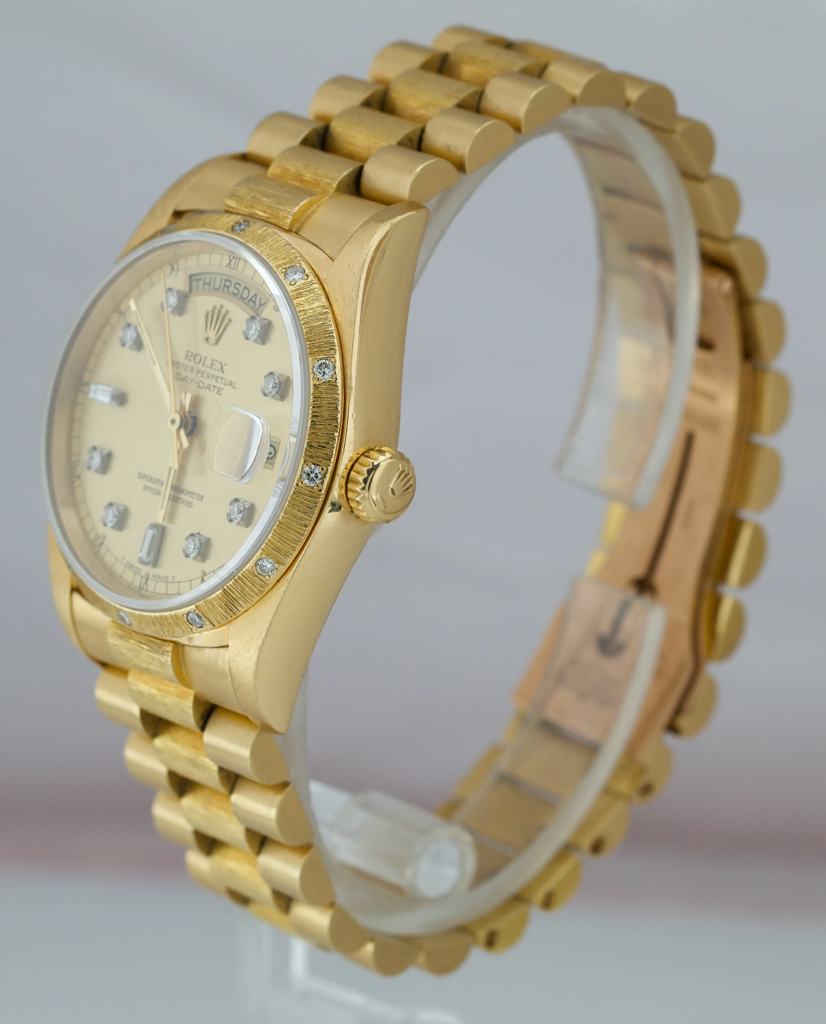 1987 Rolex Day-Date President 18038 Diamond Bark 36mm 18K Yellow Gold Watch