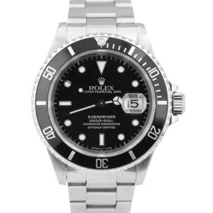 1996 Men's Rolex Submariner Date 40 mm Black Stainless Steel Dive Watch 16610