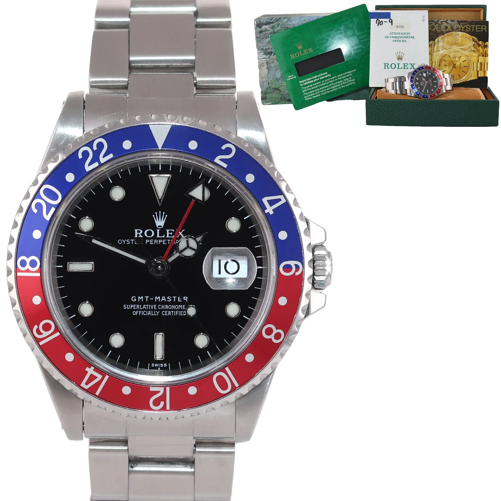 1998 PAPERS Rolex GMT-Master TRITIUM Pepsi Blue Red Steel 16700 Watch Box