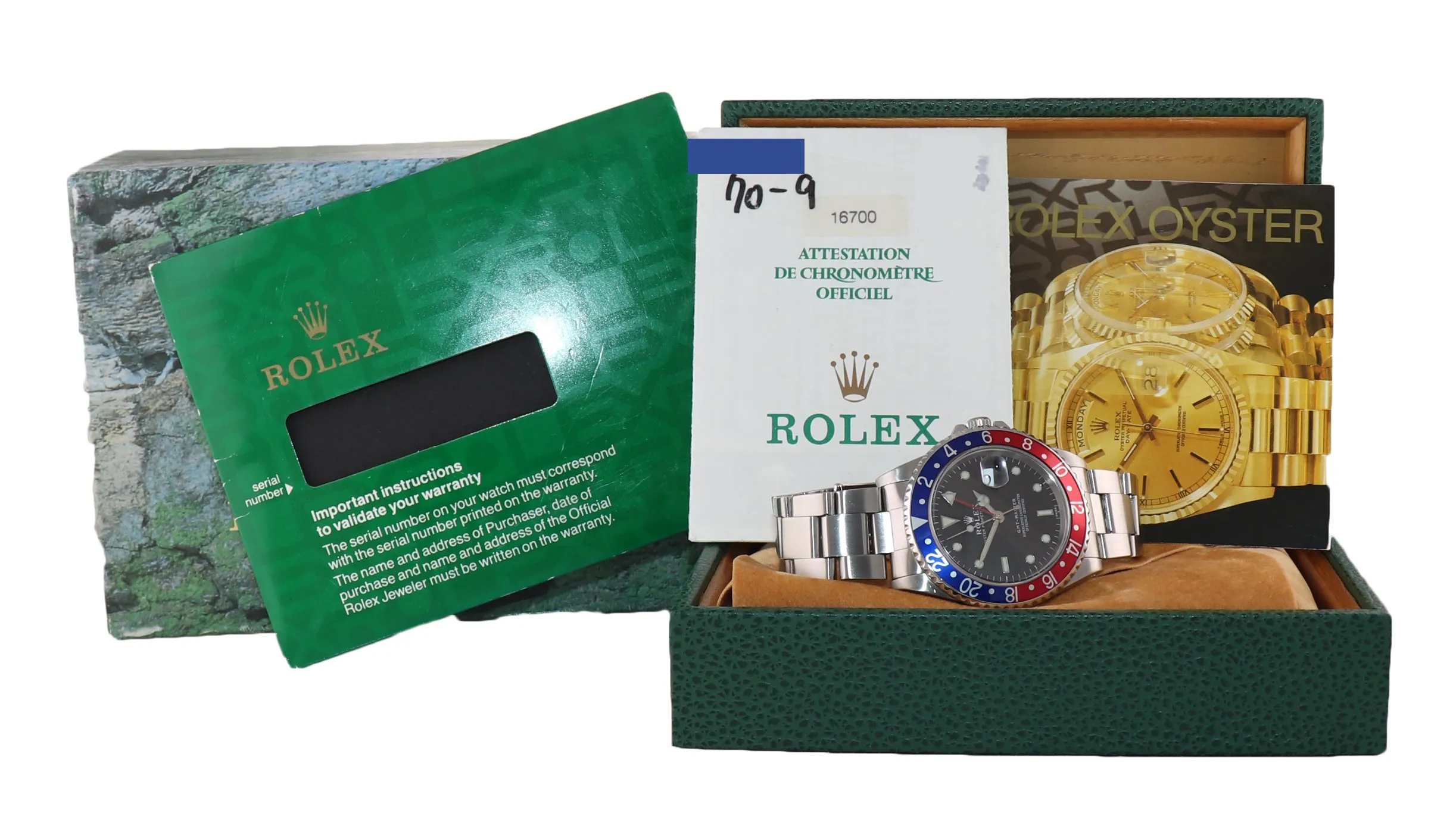 1998 PAPERS Rolex GMT-Master TRITIUM Pepsi Blue Red Steel 16700 Watch Box