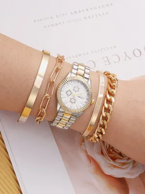1pc Minimalist Quartz Watch & 4pcs Bracelet & 1pc Strap Link Removal Tool - Gold