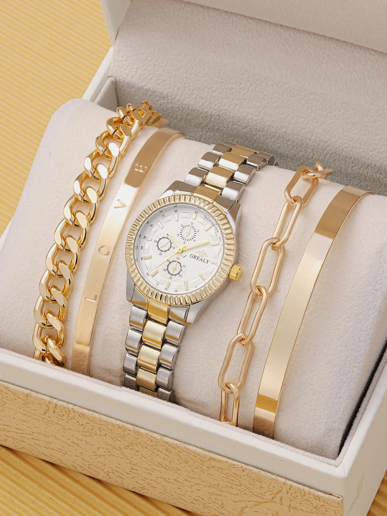 1pc Minimalist Quartz Watch & 4pcs Bracelet & 1pc Strap Link Removal Tool - Gold