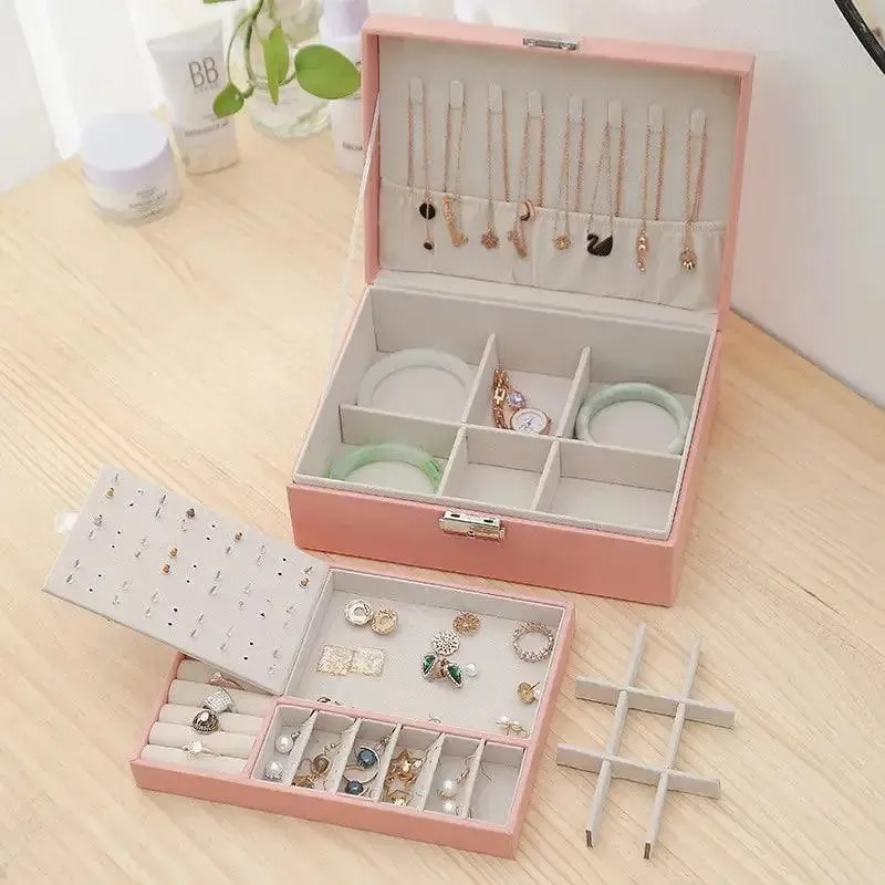 1pcs Double Layer Storage Box For Men And Women Large Capacity Leather Jewelry Box Hardware Latch Travel Portable Flip Lid Palm