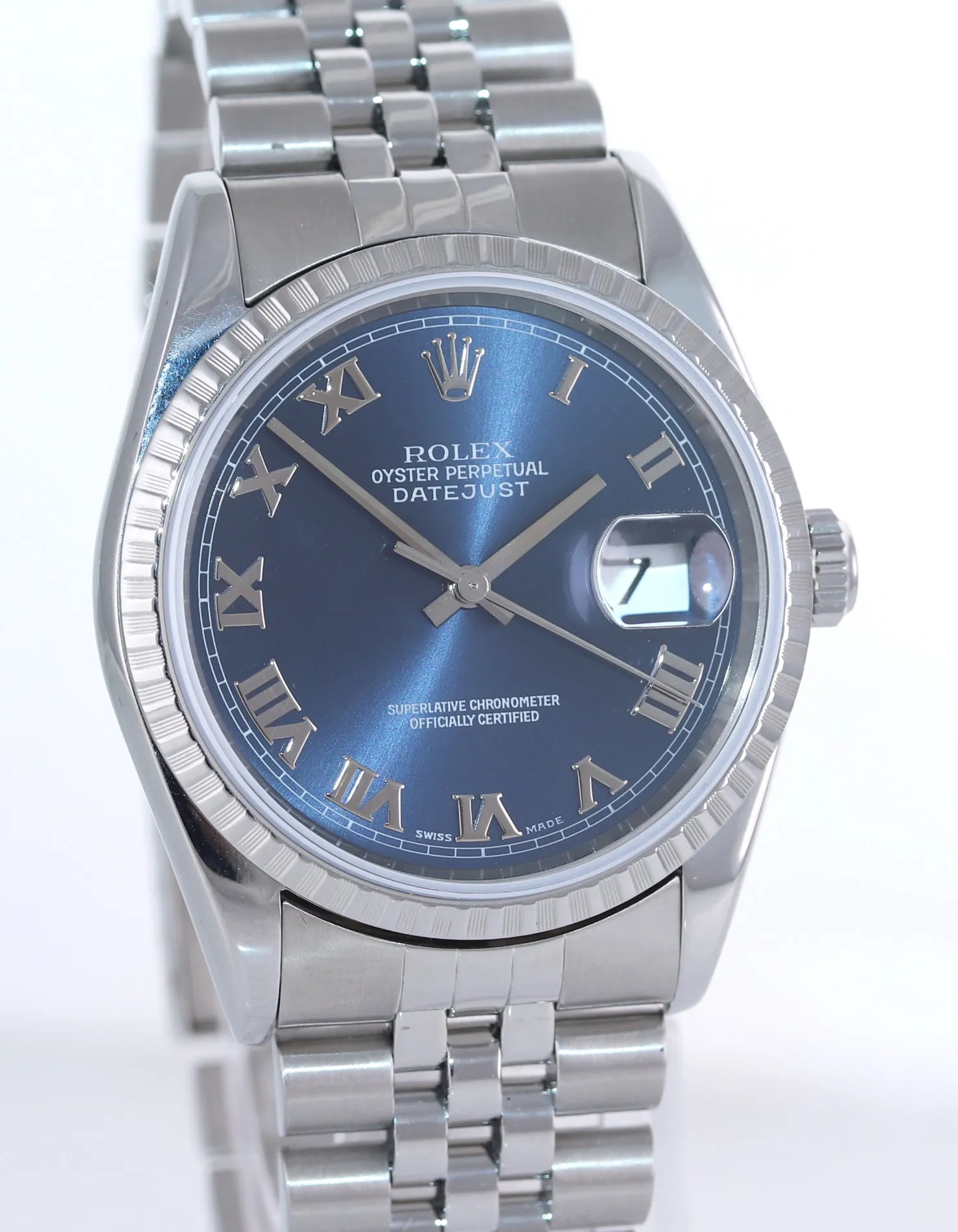2002 PAPERS Rolex DateJust 36mm 16220 Steel Blue Stick Jubilee Date Watch