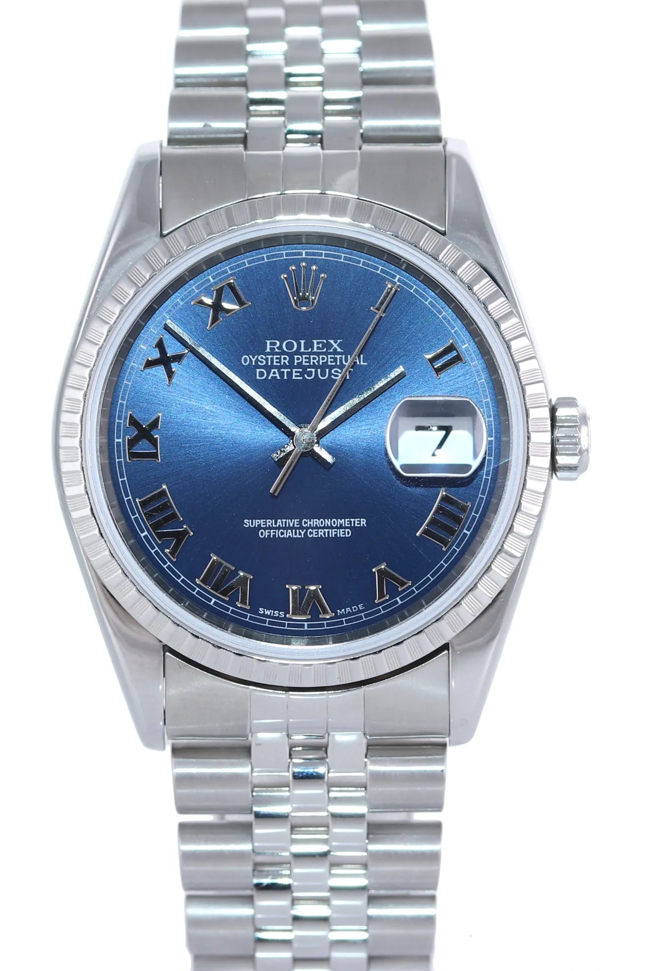 2002 PAPERS Rolex DateJust 36mm 16220 Steel Blue Stick Jubilee Date Watch