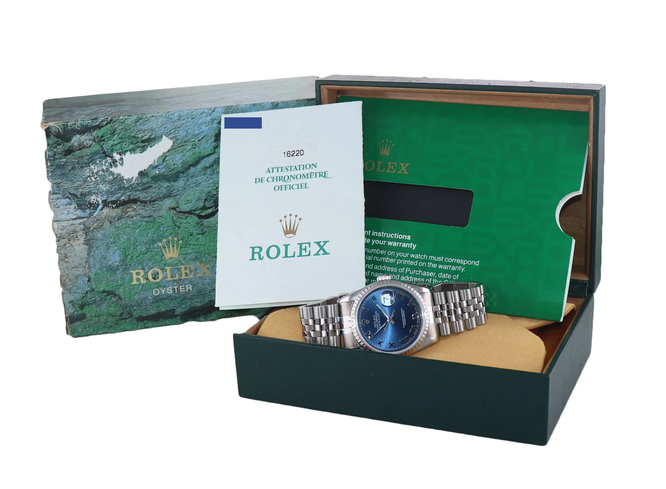 2002 PAPERS Rolex DateJust 36mm 16220 Steel Blue Stick Jubilee Date Watch