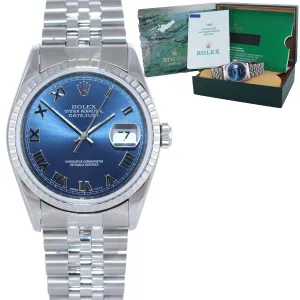 2002 PAPERS Rolex DateJust 36mm 16220 Steel Blue Stick Jubilee Date Watch
