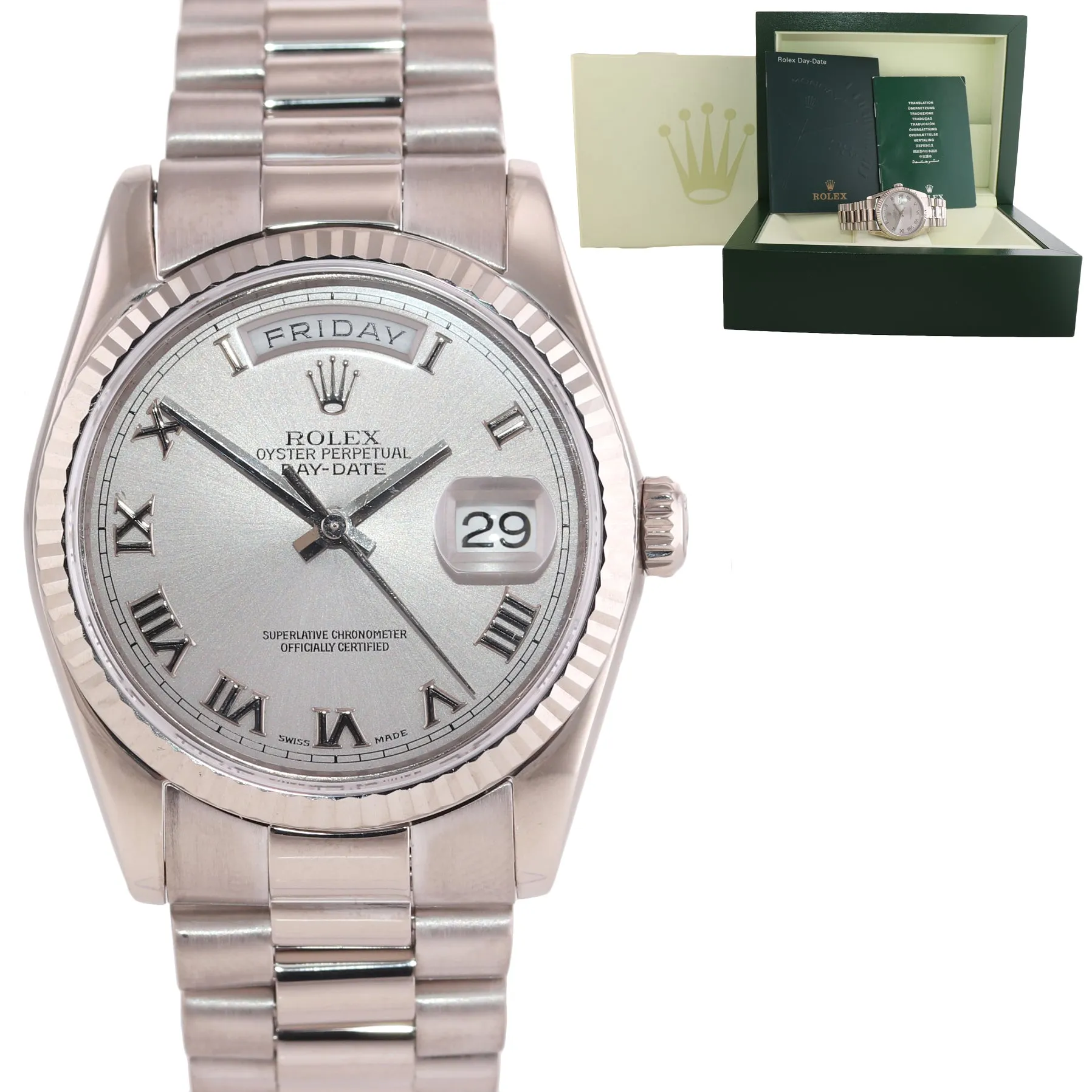 2007 REHAUT Rolex President Silver Roman118239 White Gold Modern Buckle Watch