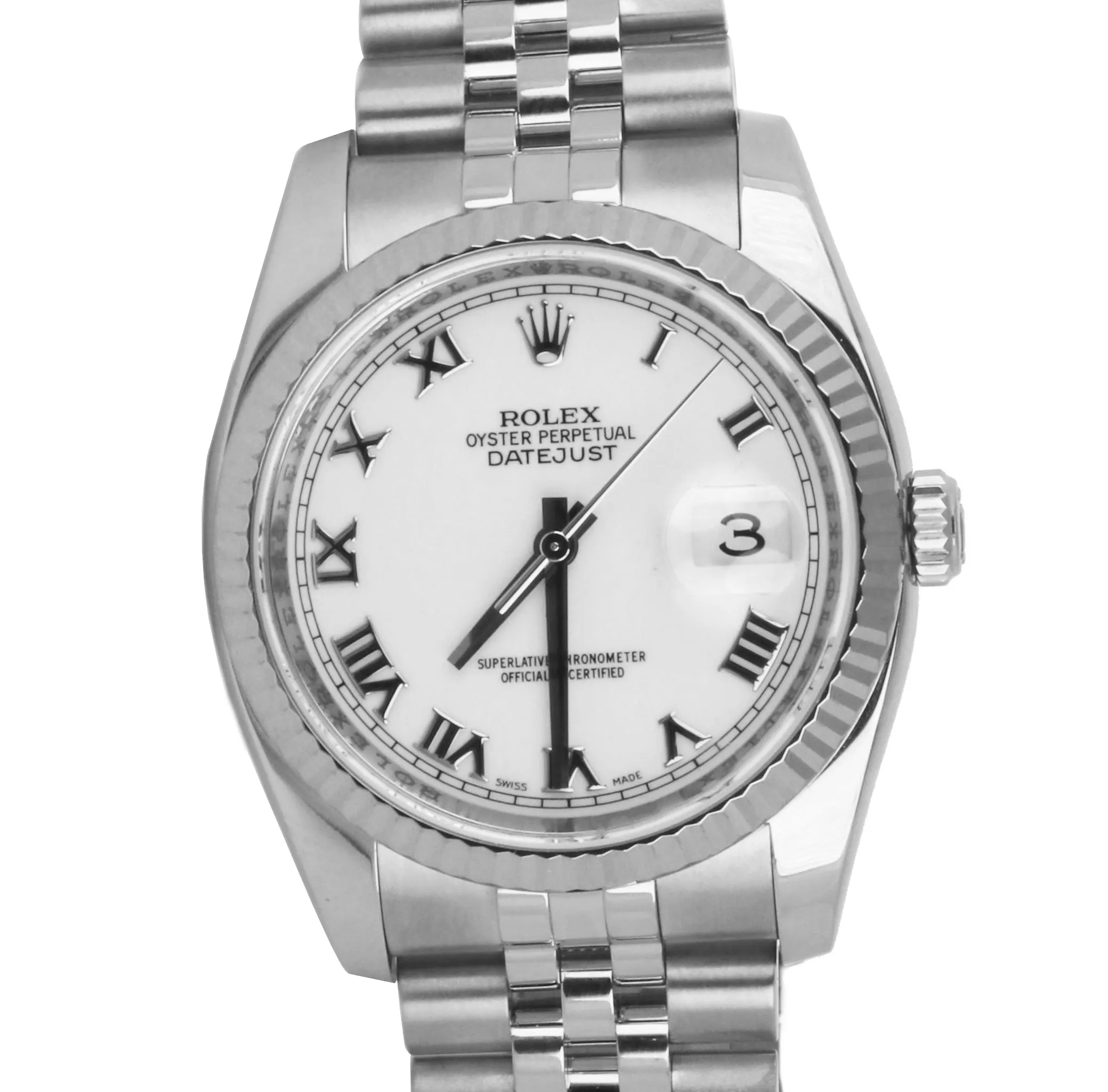 2009 Mint Rolex DateJust 116234 36mm White Roman Numeral Jubilee Date Watch