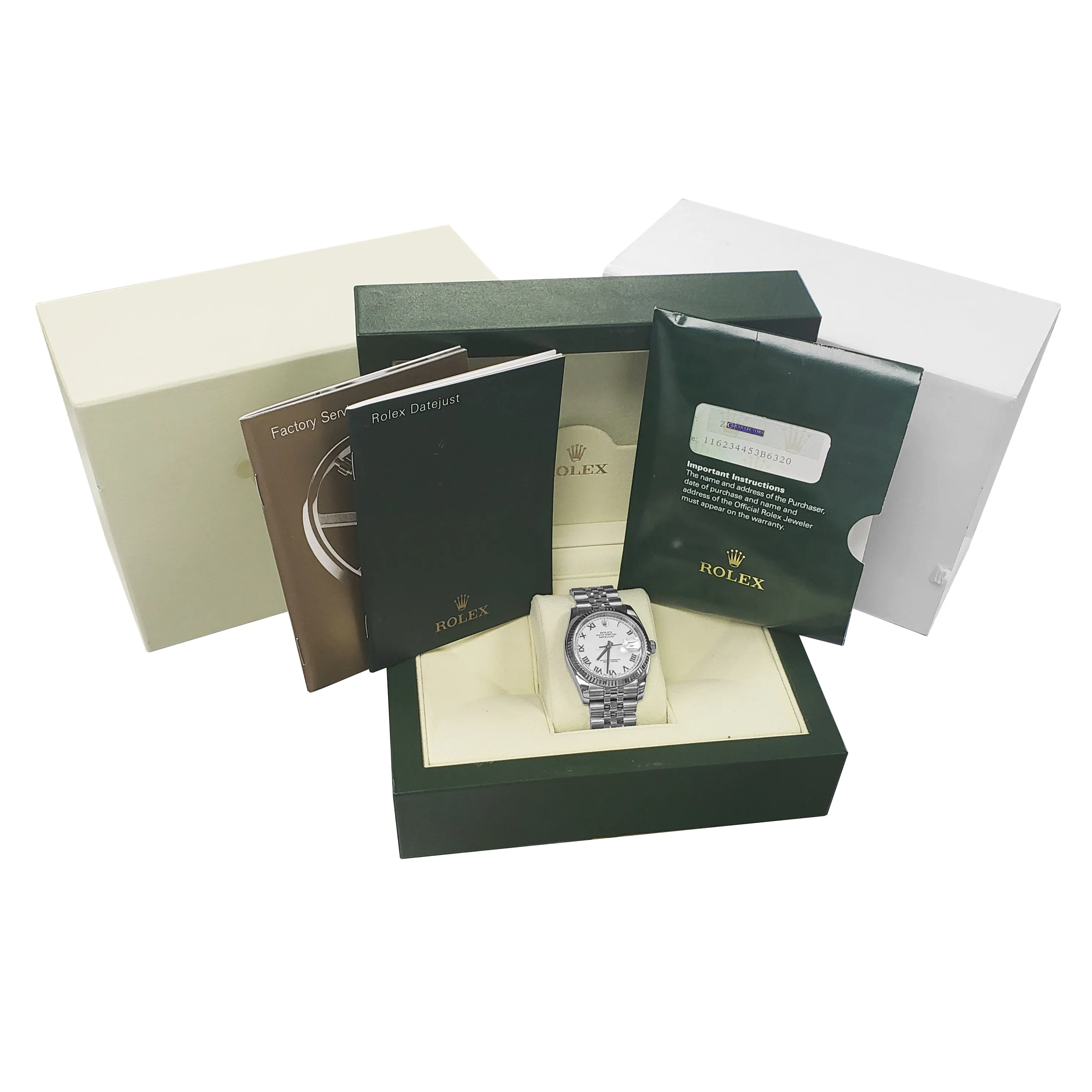 2009 Mint Rolex DateJust 116234 36mm White Roman Numeral Jubilee Date Watch