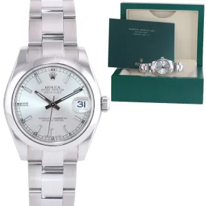 2015 Ladies Rolex DateJust 31MM Silver Stick Mid Size 178240 Watch Box