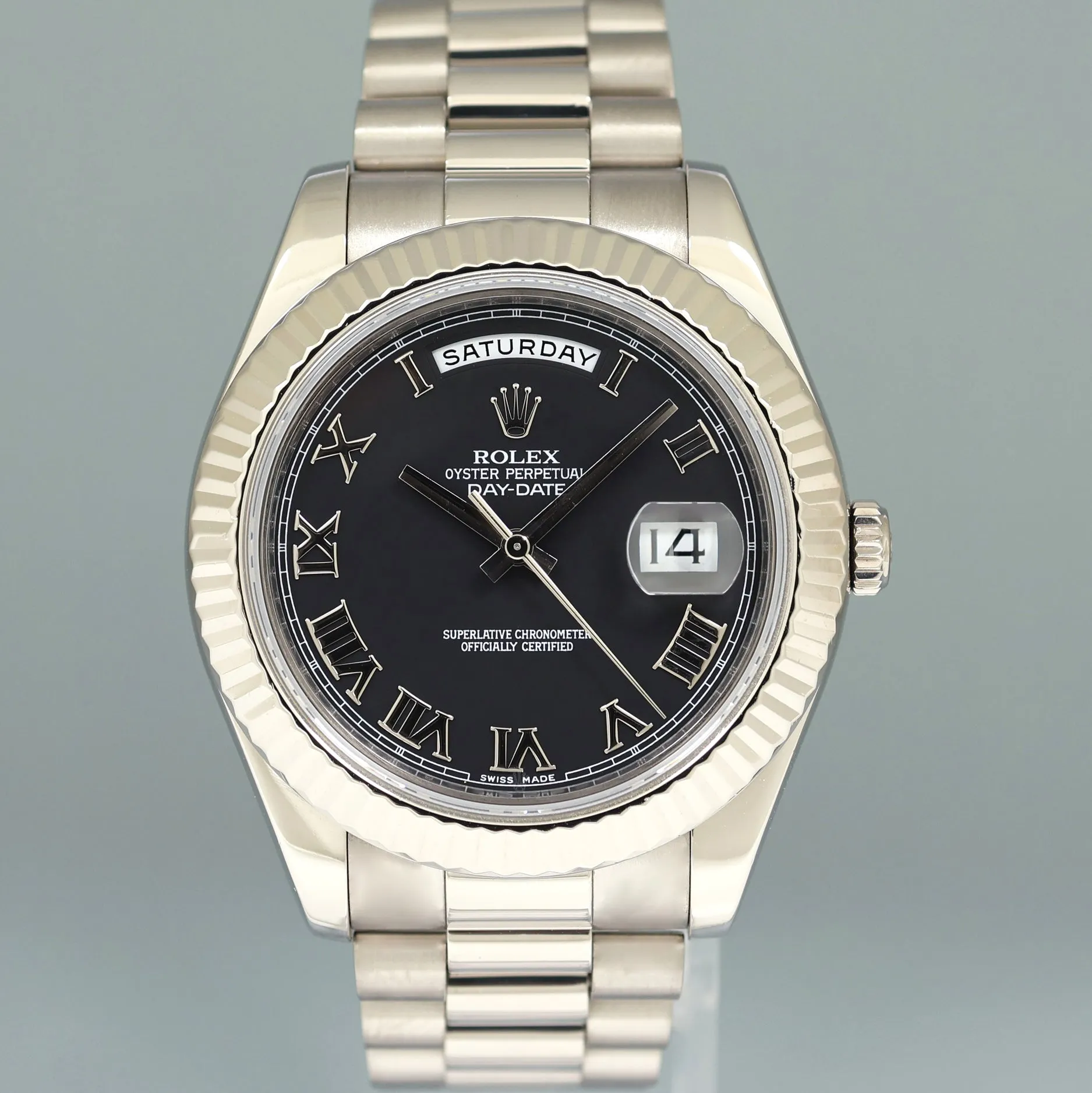 2015 MINT Rolex Day Date II 218239 White Gold 41mm President Black Roman Watch