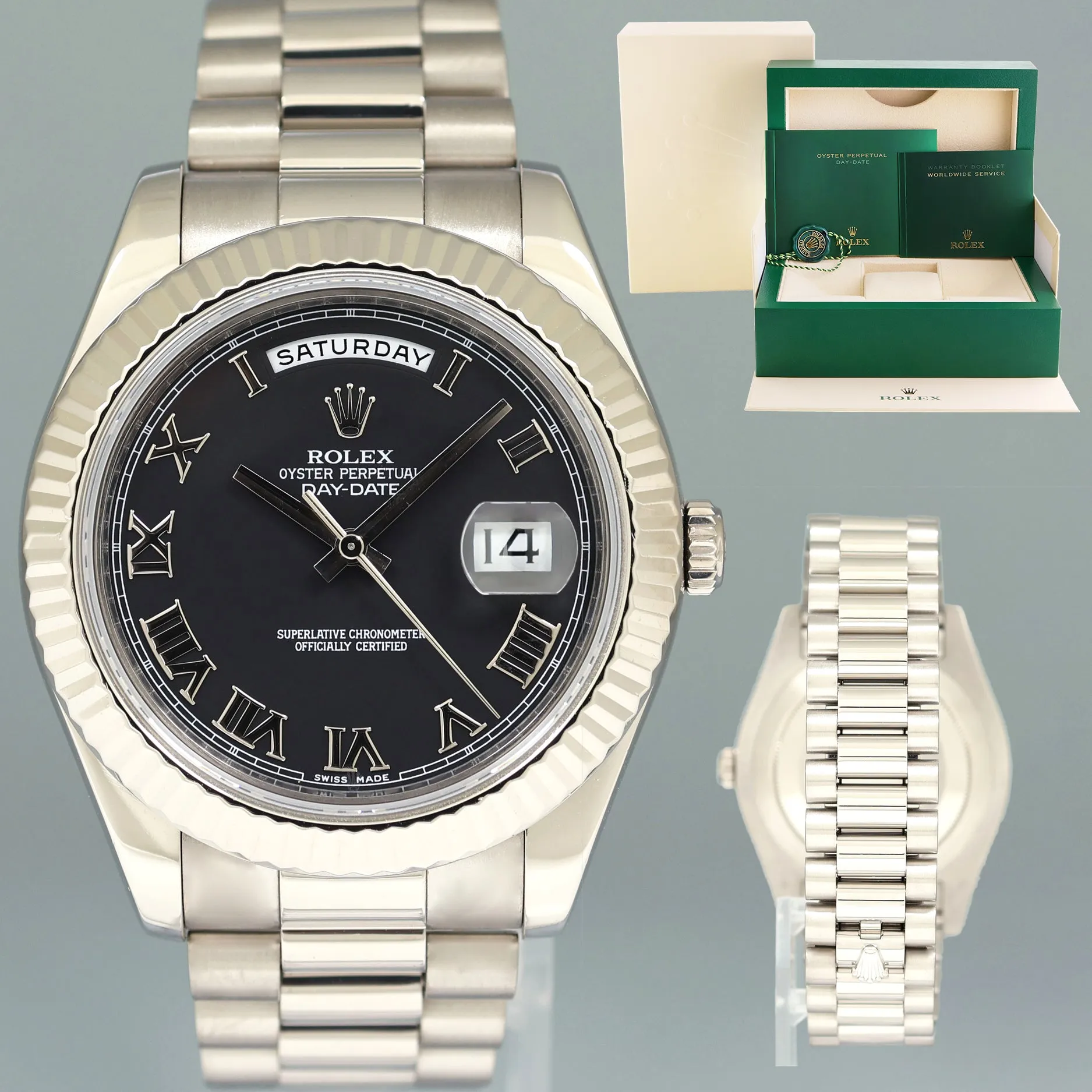 2015 MINT Rolex Day Date II 218239 White Gold 41mm President Black Roman Watch