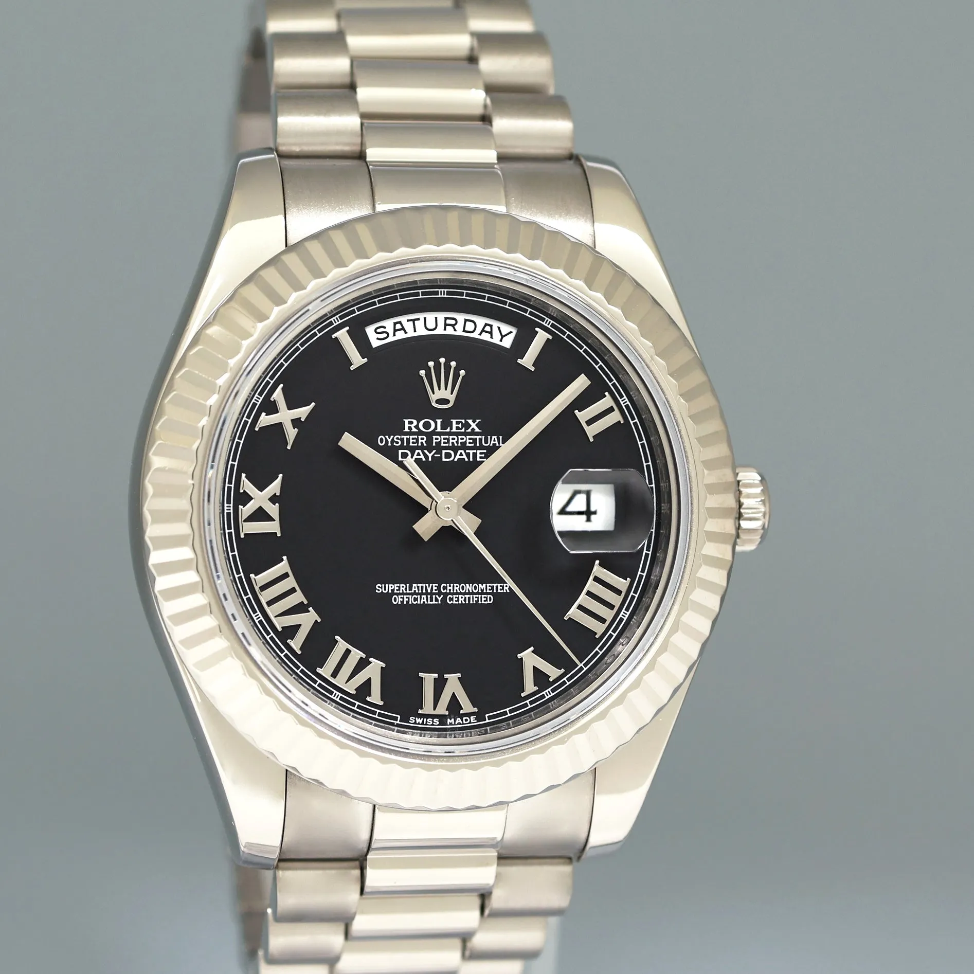2015 MINT Rolex Day Date II 218239 White Gold 41mm President Black Roman Watch