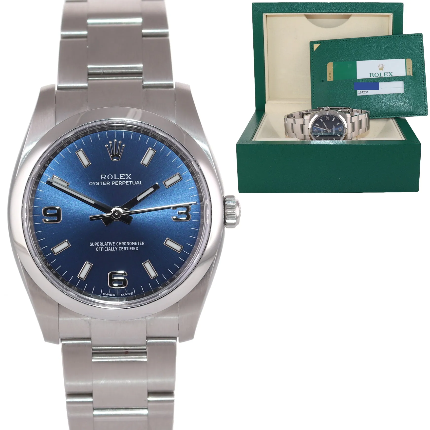 2017 PAPERS Rolex Oyster Perpetual Blue Arabic 114200 Steel Watch Box