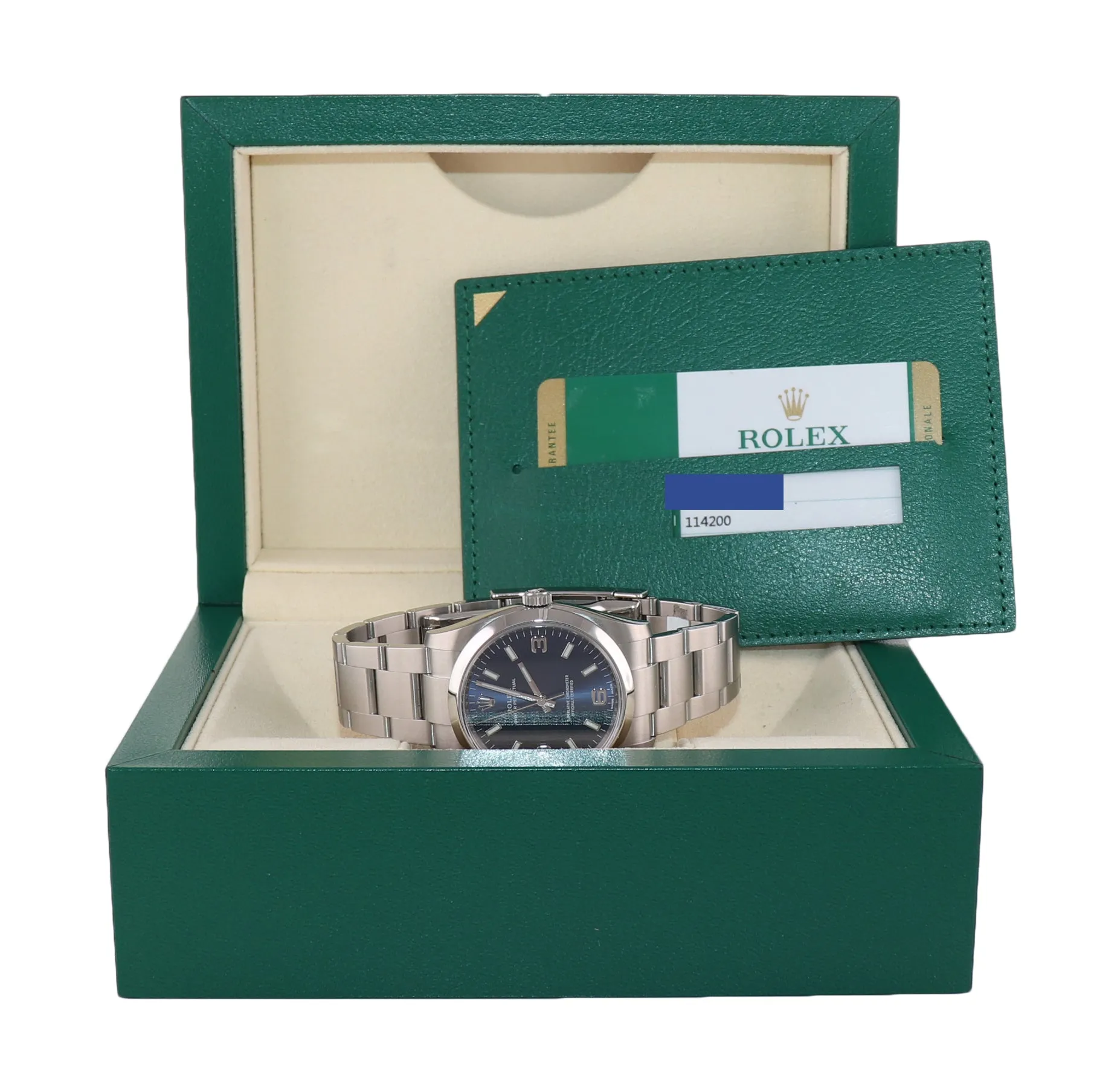 2017 PAPERS Rolex Oyster Perpetual Blue Arabic 114200 Steel Watch Box