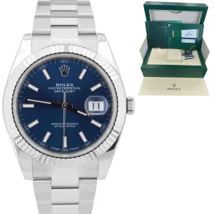 2018 Rolex DateJust 41 Blue Stainless Steel 18K WG Fluted Oyster Watch 126334