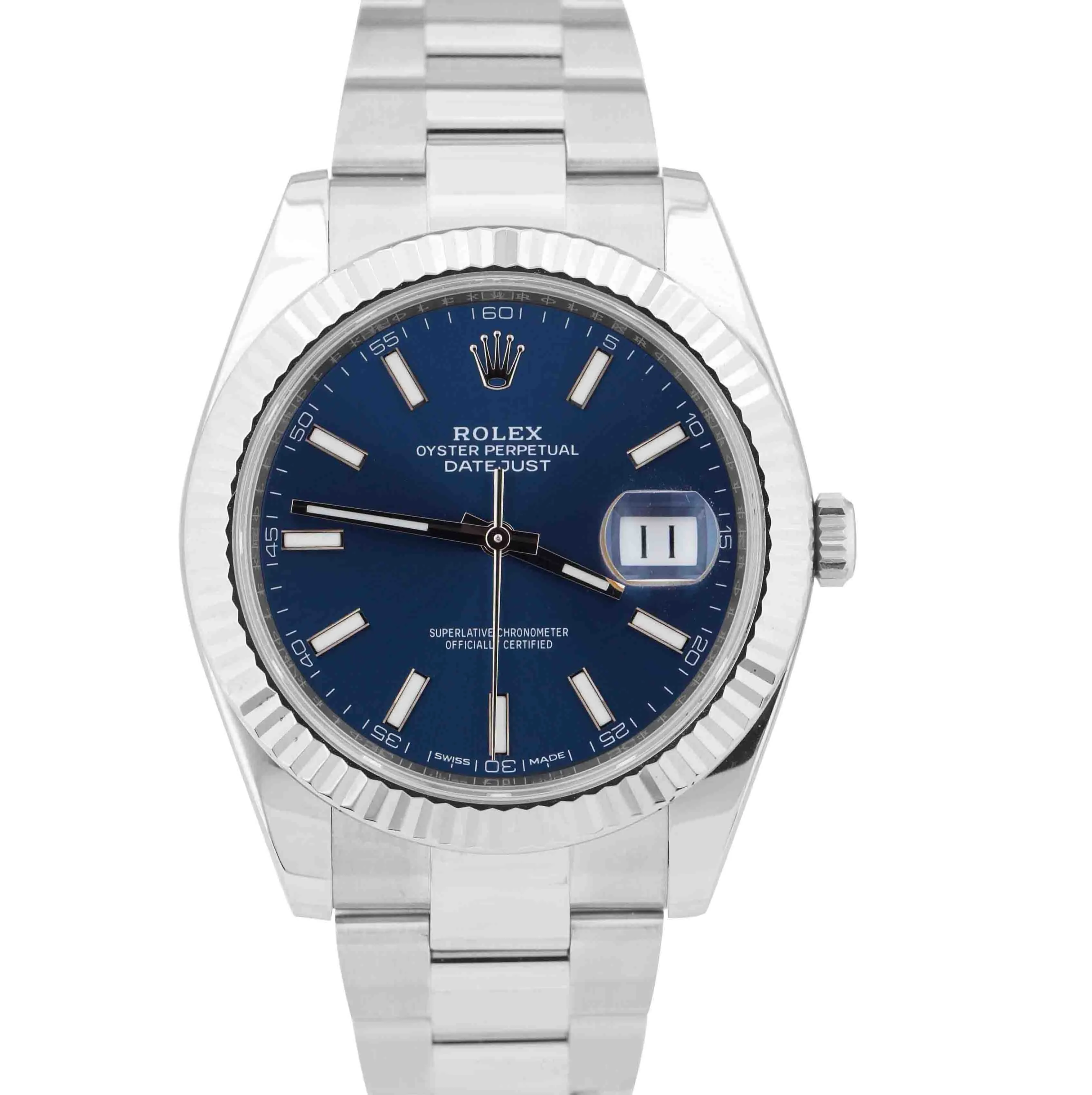 2018 Rolex DateJust 41 Blue Stainless Steel 18K WG Fluted Oyster Watch 126334