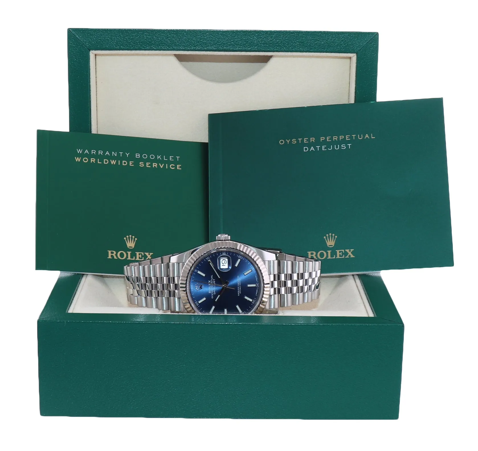 2019 Rolex DateJust 41 Blue Stick Super Jubilee Fluted 126334 Watch Box