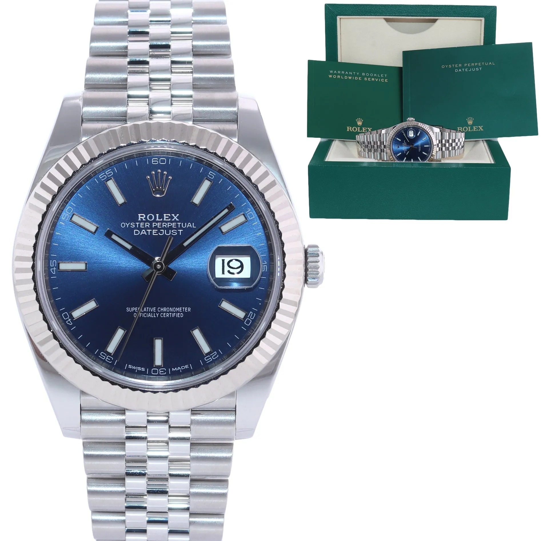 2019 Rolex DateJust 41 Blue Stick Super Jubilee Fluted 126334 Watch Box