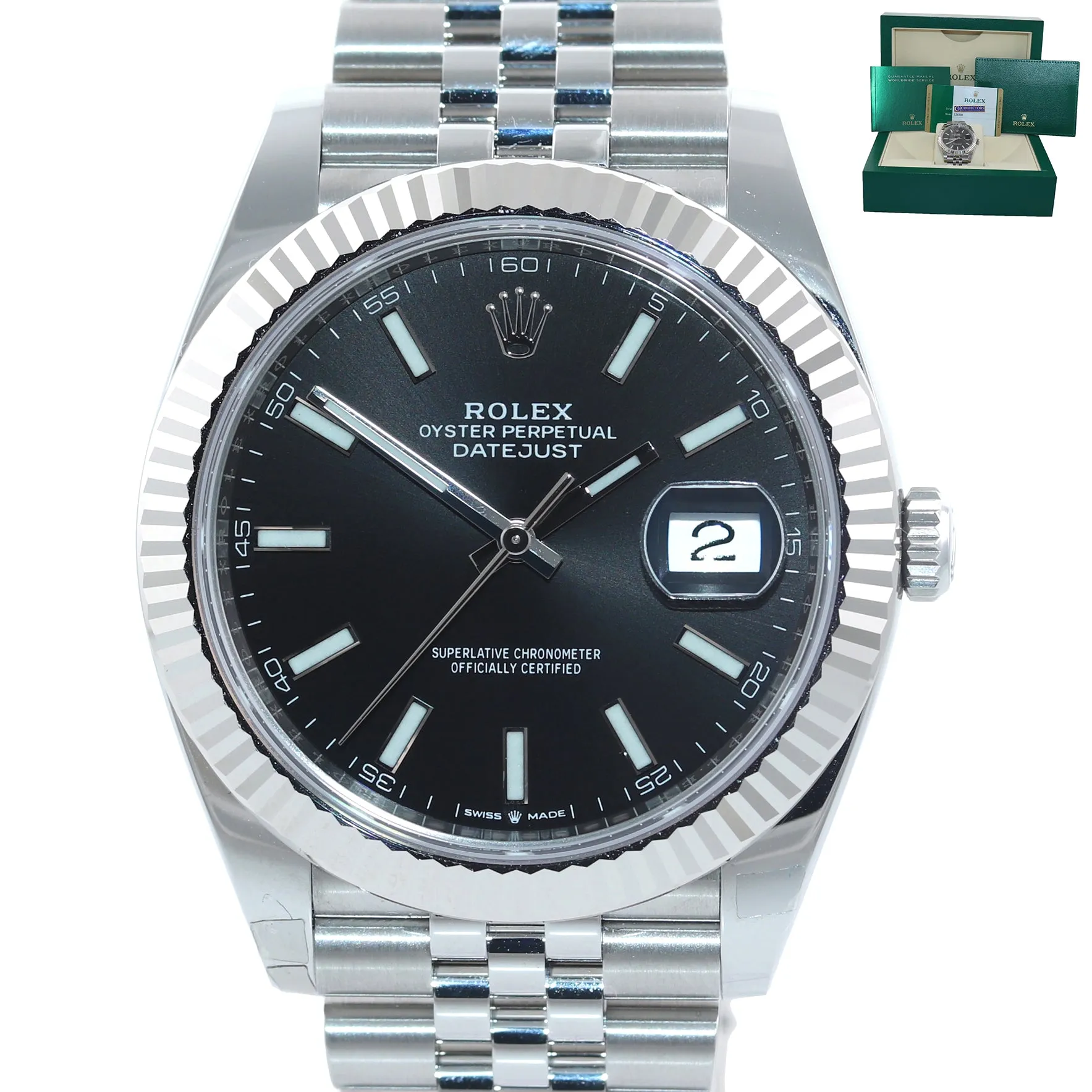 2020 NEW PAPERS Rolex DateJust 41 Black Stick Jubilee Fluted 126334 Watch Box