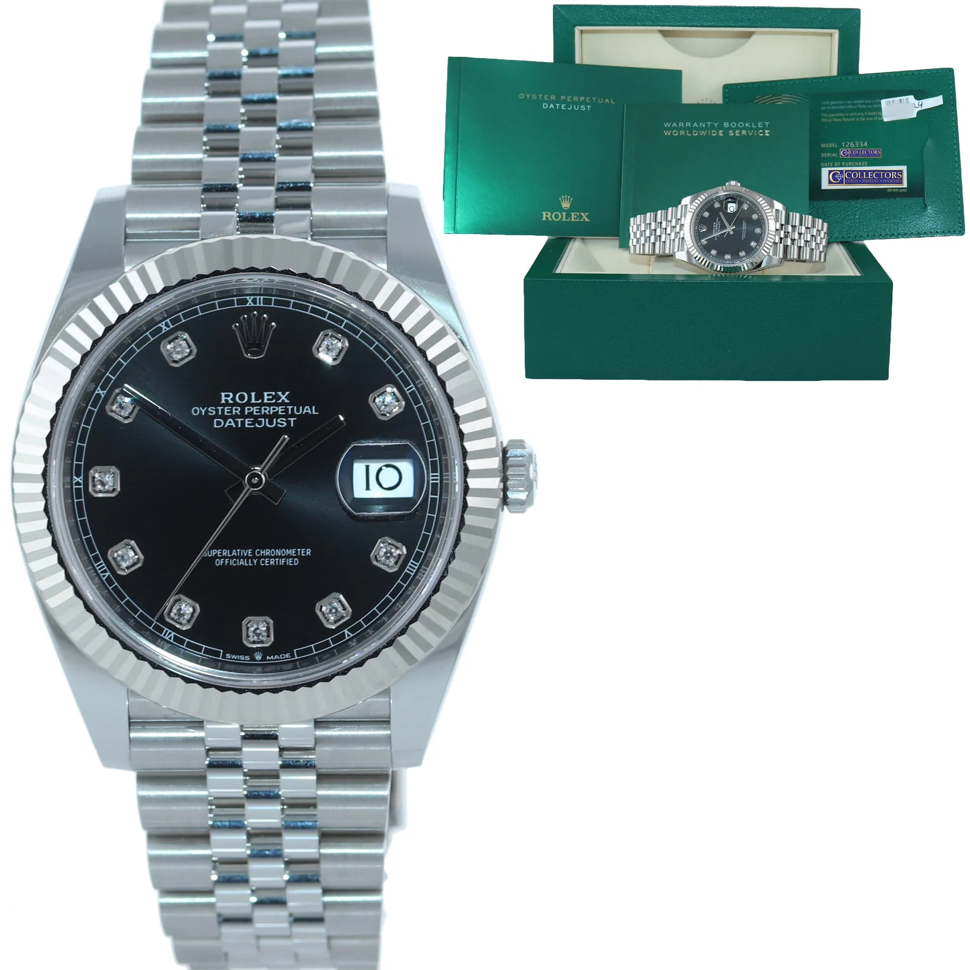 2021 NEW PAPERS Rolex DateJust 41 126334 Black Diamond Fluted Jubilee Watch Box