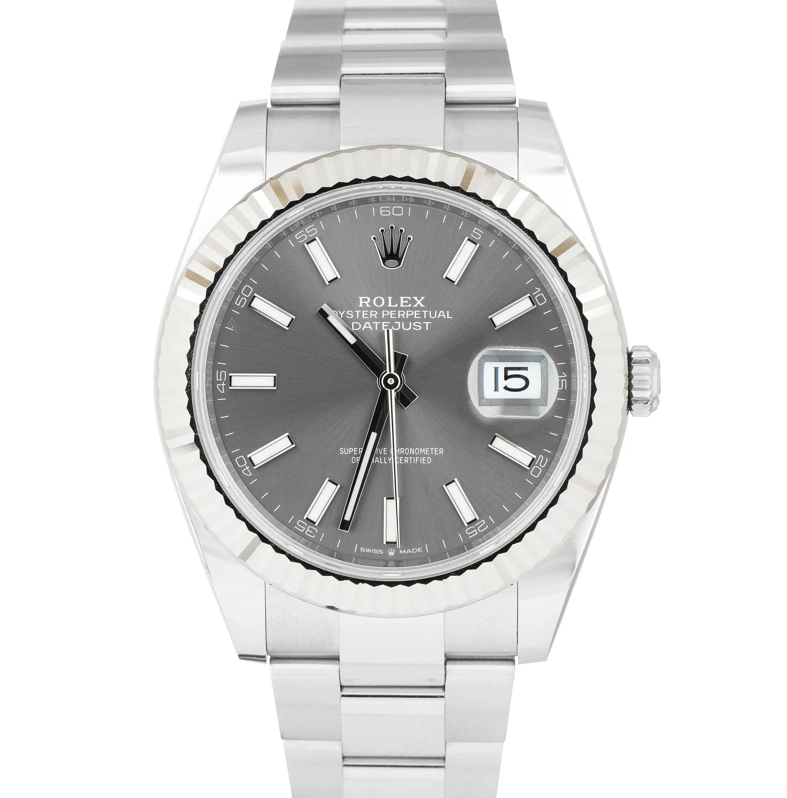 2021 Rolex DateJust 41 Rhodium Slate Fluted Stainless Oyster Watch 126334 B P