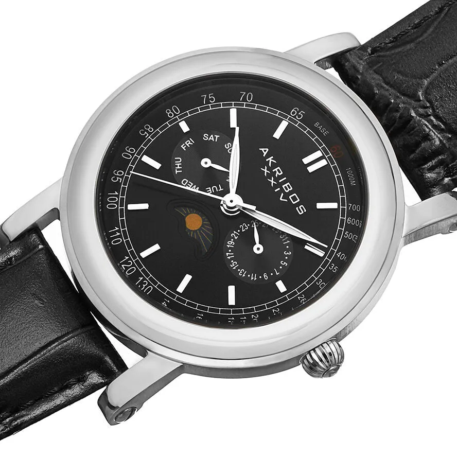 Akribos XxivBlack Dial Stainless Steel Black Leather Men's Watch AK632SSB