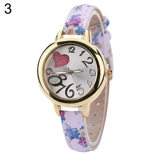 and  Women Sweet Heart Watches Large Arabic Numerals Floral Strap Quartz Wrist Watch