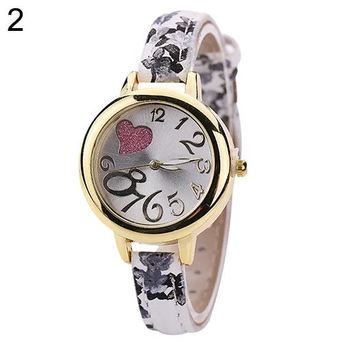 and  Women Sweet Heart Watches Large Arabic Numerals Floral Strap Quartz Wrist Watch