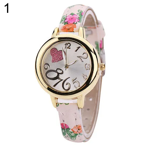 and  Women Sweet Heart Watches Large Arabic Numerals Floral Strap Quartz Wrist Watch