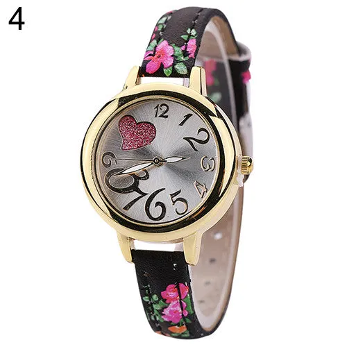 and  Women Sweet Heart Watches Large Arabic Numerals Floral Strap Quartz Wrist Watch