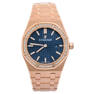 Audemars Piguet Ladies Royal Oak Quartz 18K Pink Gold 33mm Blue "Grande Tapisserie" Dial Watch Ref# 67651OR.ZZ.1261OR.02