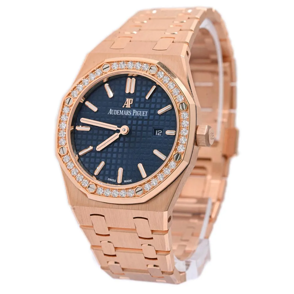 Audemars Piguet Ladies Royal Oak Quartz 18K Pink Gold 33mm Blue "Grande Tapisserie" Dial Watch Ref# 67651OR.ZZ.1261OR.02