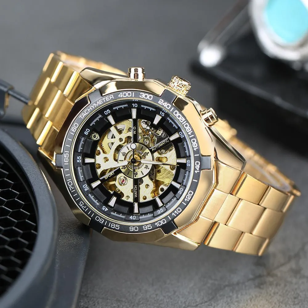 Automatic Skeleton Watch Golden X Dial Business Watches