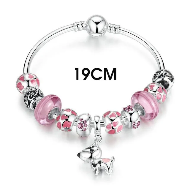 BAMOER 2017 New Arrival Silver Color Lovely Dog Pendant Pink European Glass Beads Charm Bracelets & Bangles Jewelry PA3810