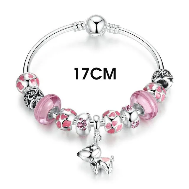 BAMOER 2017 New Arrival Silver Color Lovely Dog Pendant Pink European Glass Beads Charm Bracelets & Bangles Jewelry PA3810
