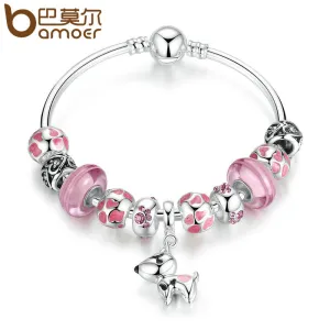 BAMOER 2017 New Arrival Silver Color Lovely Dog Pendant Pink European Glass Beads Charm Bracelets & Bangles Jewelry PA3810