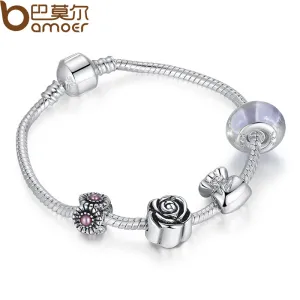 BAMOER Silver Color Charm Bracelet Pulseira with Murano Glass Beads Snake Chain Bracelet for Women Jewelry PA1439