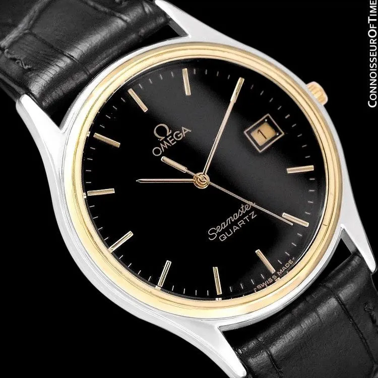 c. 1982 Omega Seamaster Brest Vintage Mens Quartz Watch - Stainless Steel & 18K Gold Plated