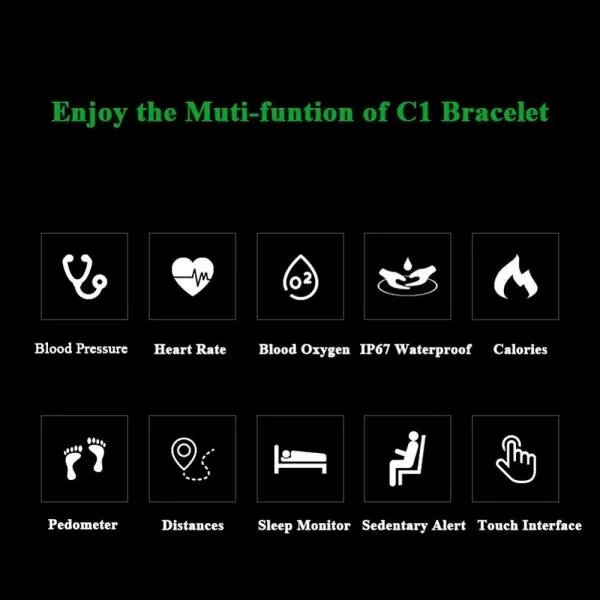 C1 Blood Pressure Oxygen Heart Rate Pedometer Smart Bracelet for Android IOS Blue